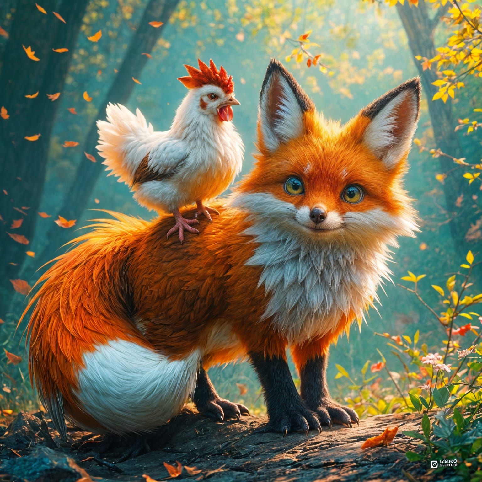 Cute Chicken Riding Epic Fox, Digital Illustration