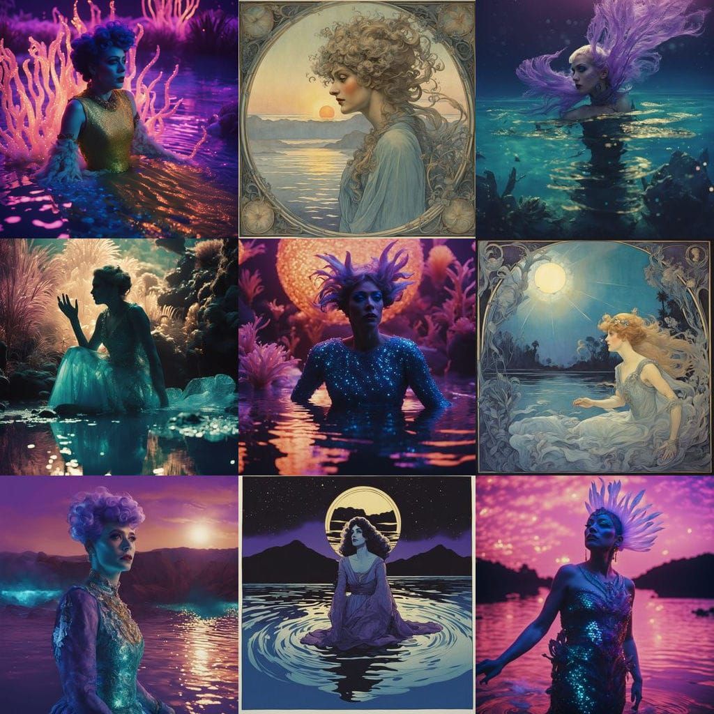 Ethereal Drag Queen Emerges from Lagoon in Art Nouveau Style