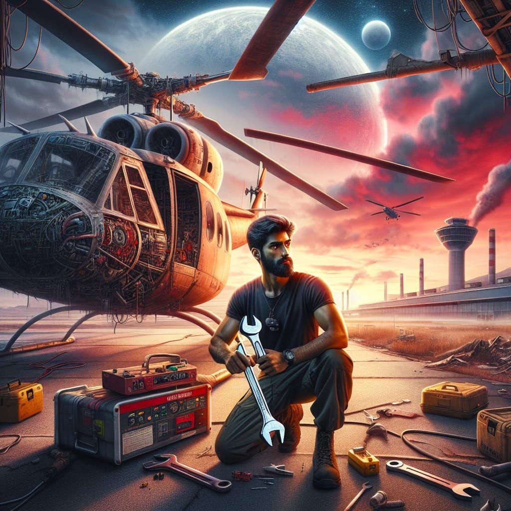 Post-Apocalyptic Helicopter Repair in Hyperrealistic Style