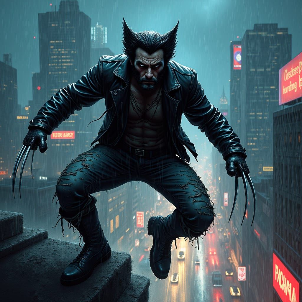 Wolverine Soars Through Gritty Cityscape in Cyberpunk Style