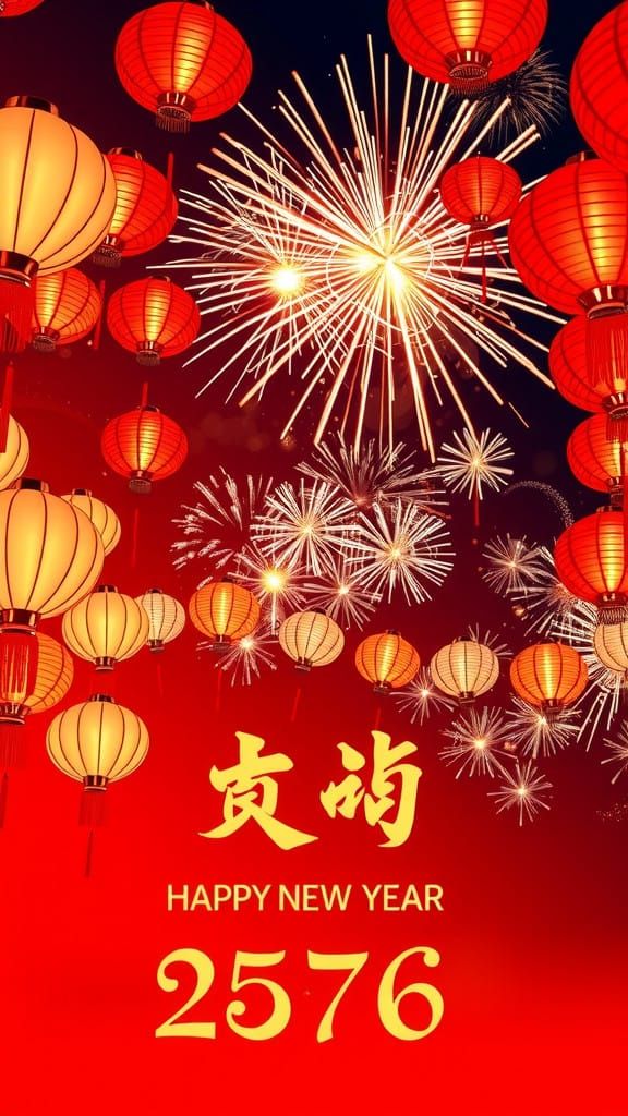 Vibrant Red Celebration with Chinese Lanterns and Fireworks