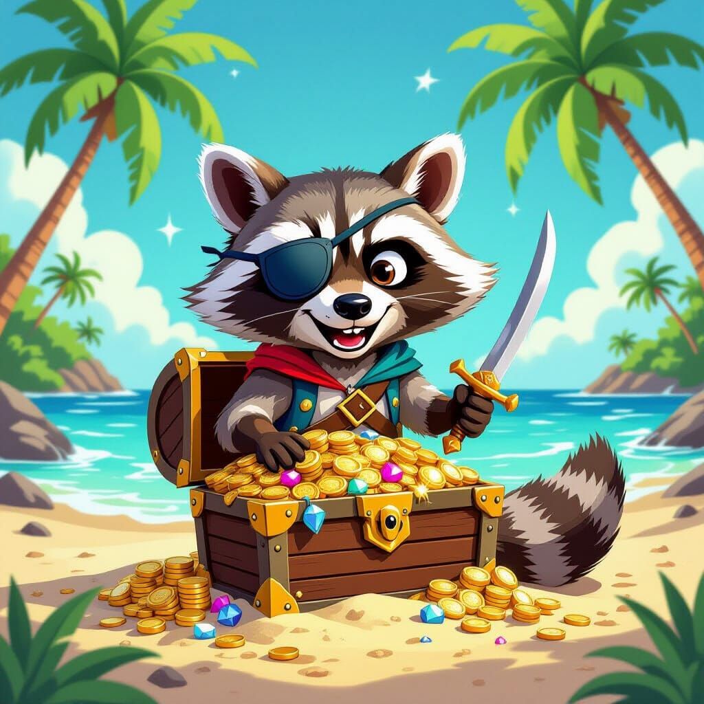 Cartoon Raccoon Pirate Guards Treasure on Tropical Island