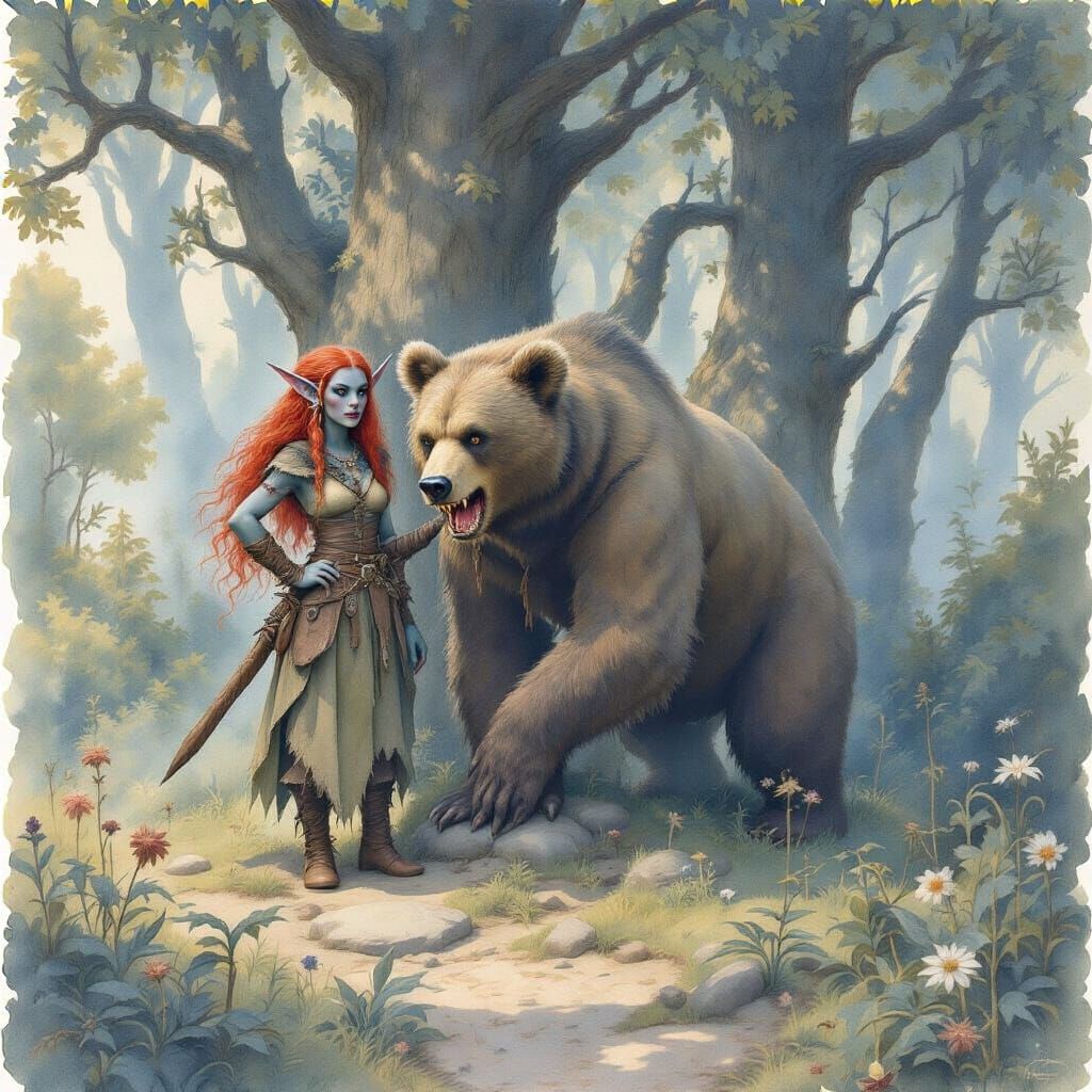 Elf Warrior and Bear Companion in Whimsical Oil Painting