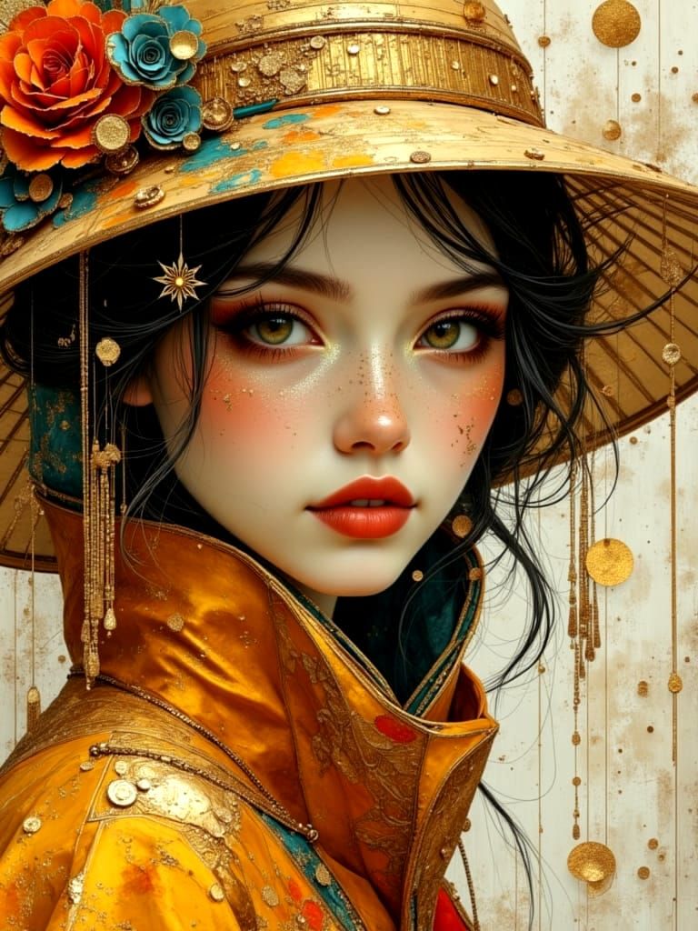 Abstract Surreal Geisha Portrait with Gold Crystal