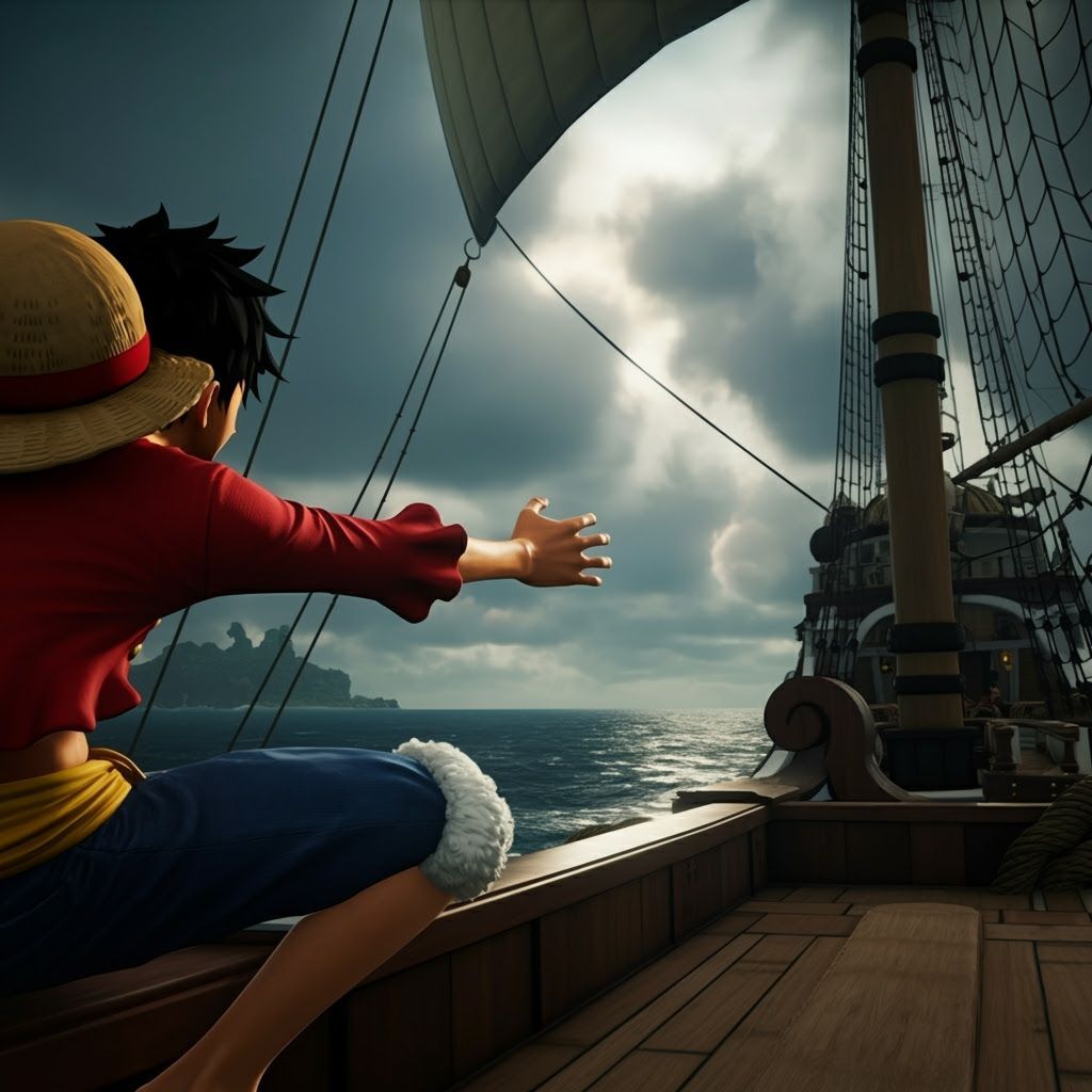Luffy Reaches for Passing Ship in Matte Painting Style