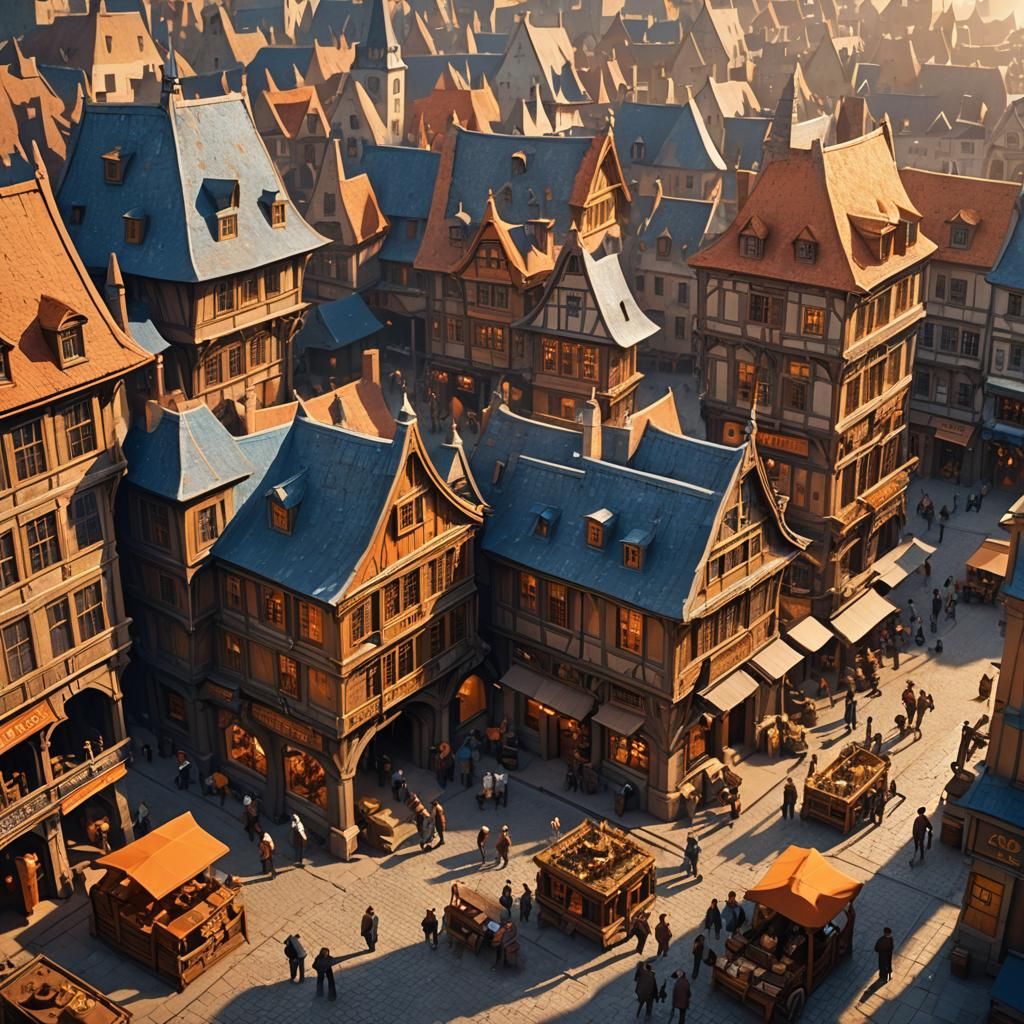 Bustling Town Square with Steampunk Instruments