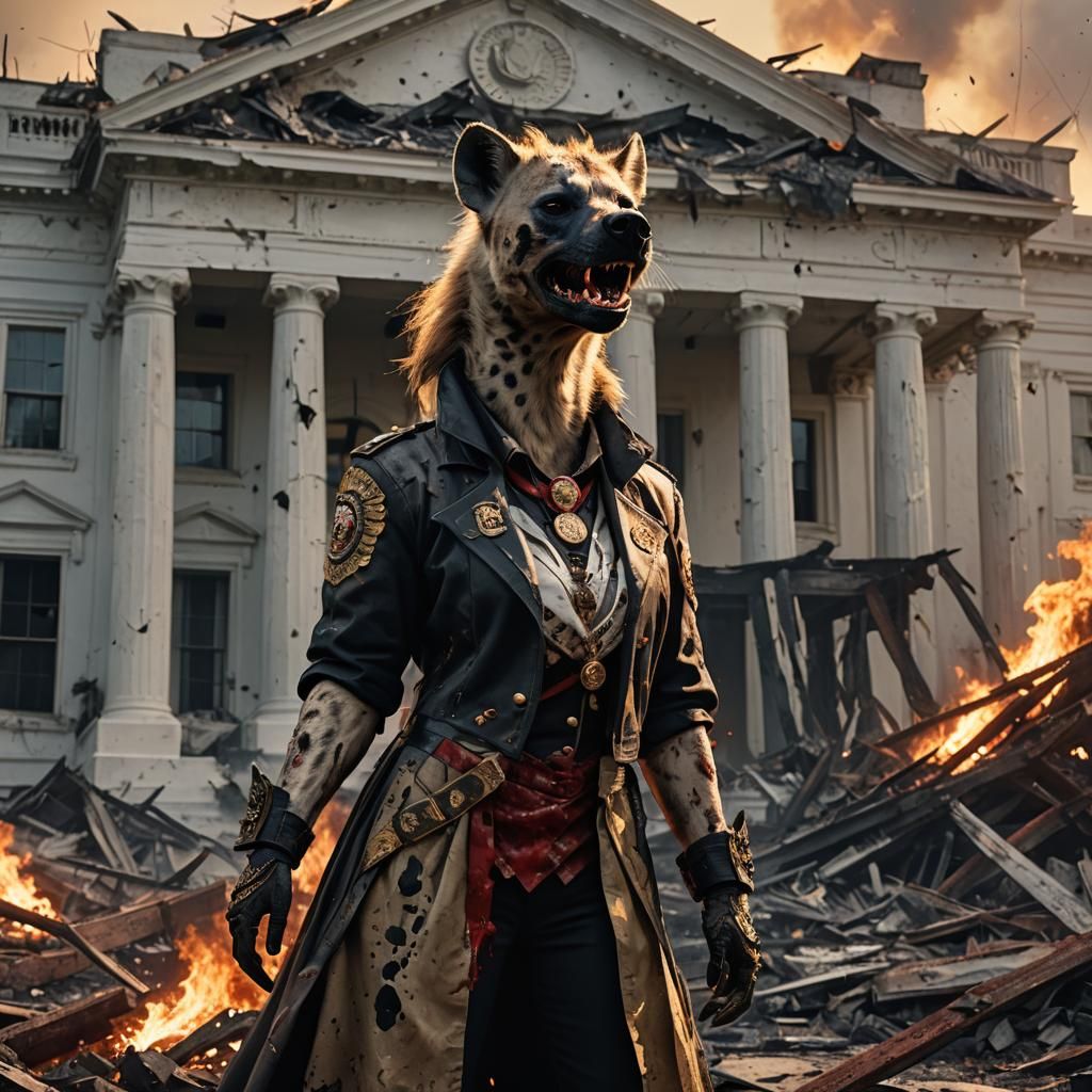 Hyena President in front of Burning White House