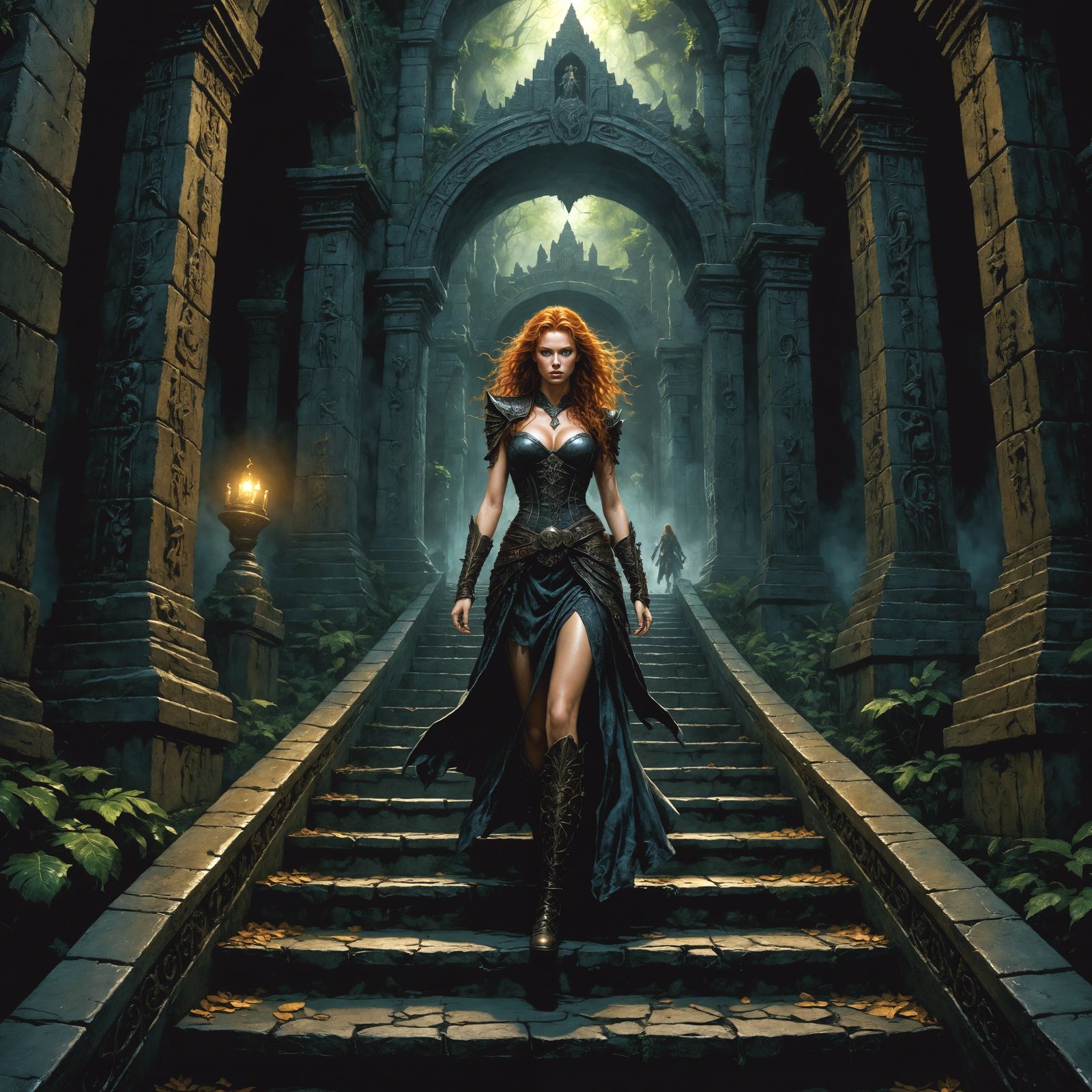 Adventuress Enters Dark Temple: Comic Book Illustration