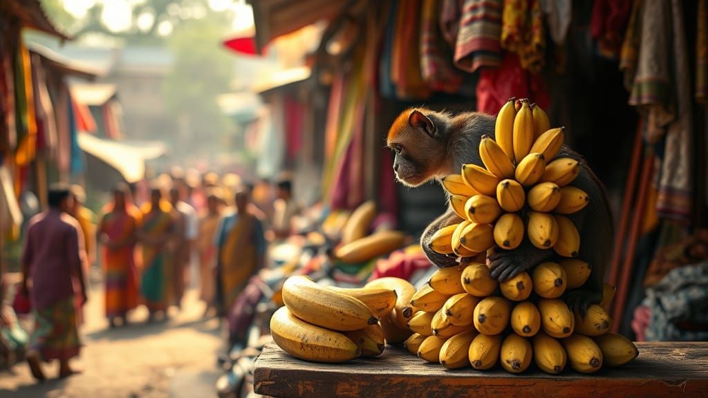 Rural India Market Day with a Curious Monkey
