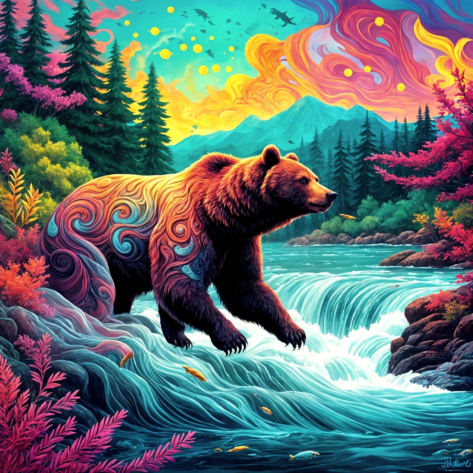 Psychedelic Bear at Salmon River: Fantasy Concept Art
