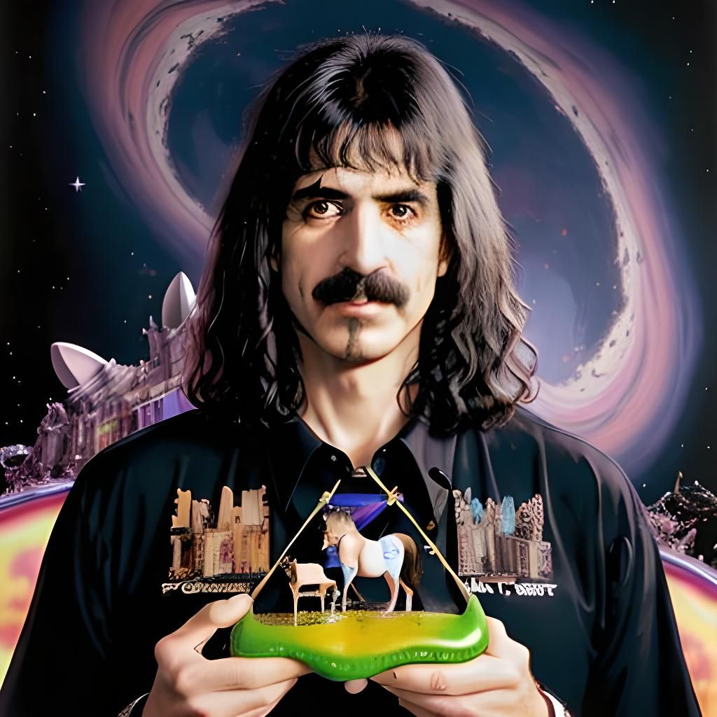 Hyperrealistic Frank Zappa Portrait with Tiny Horse