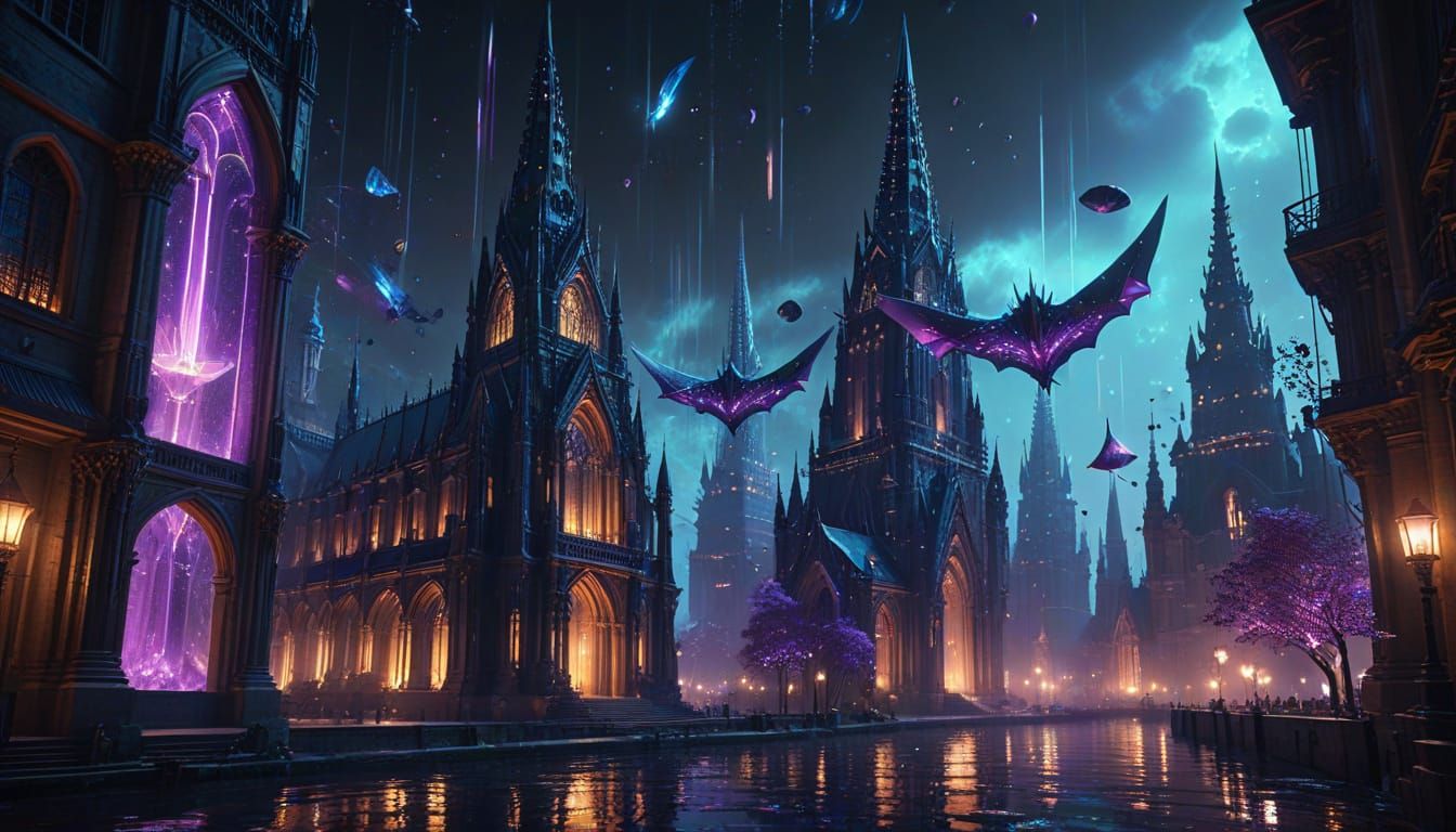 Ethereal City of Crystalline Spires in Cyberpunk Aesthetic