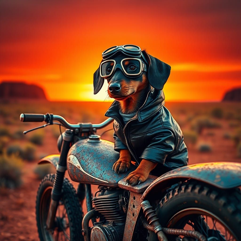 Dachshund on Dirt Bike in Australian Outback