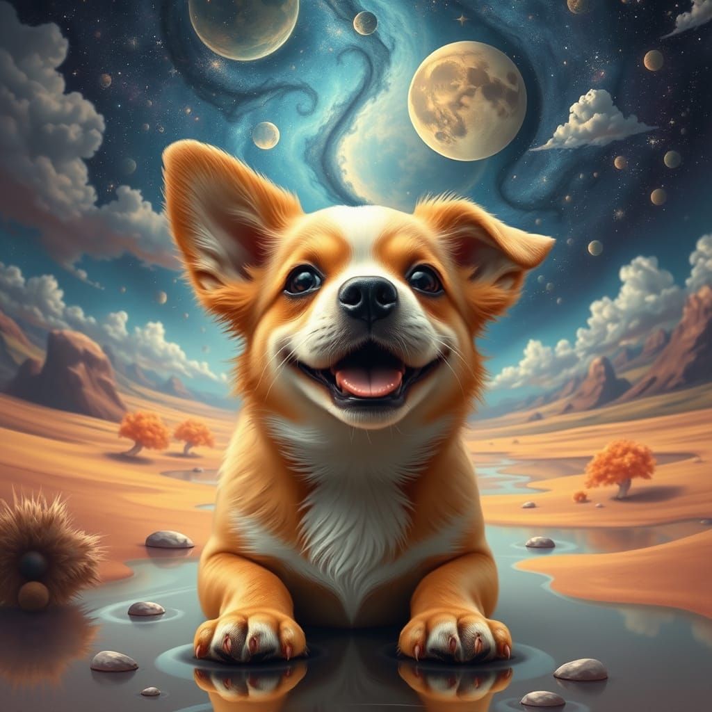 Smiling Apricot Poodle Puppy in Cosmic Surrealist Style