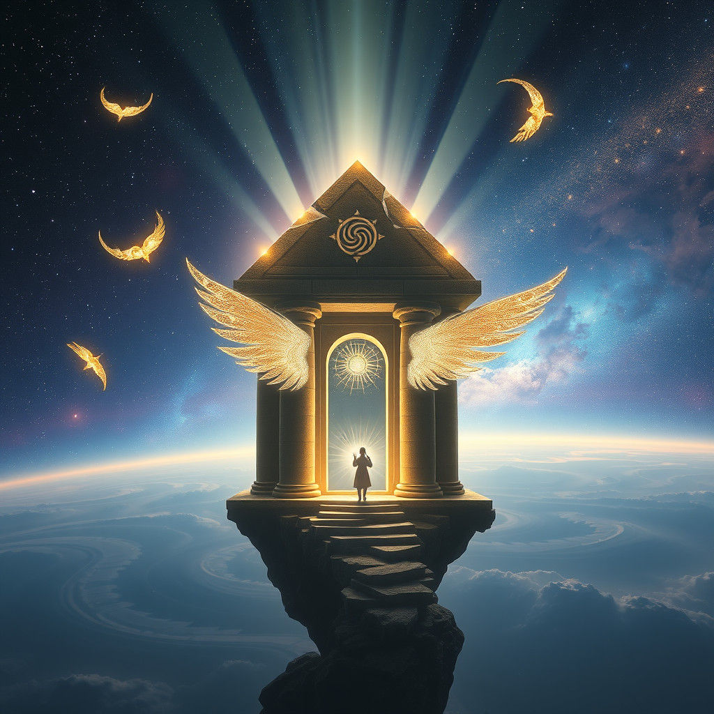 Mystical Temple Floating in Space with Runes