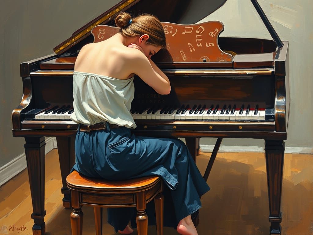 Forlorn Woman at Grand Piano Impasto Painting