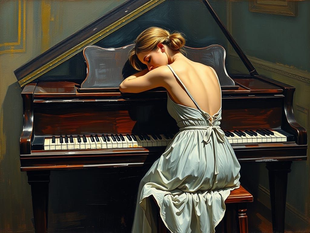 Forlorn Pianist in Impasto Oil Painting Style