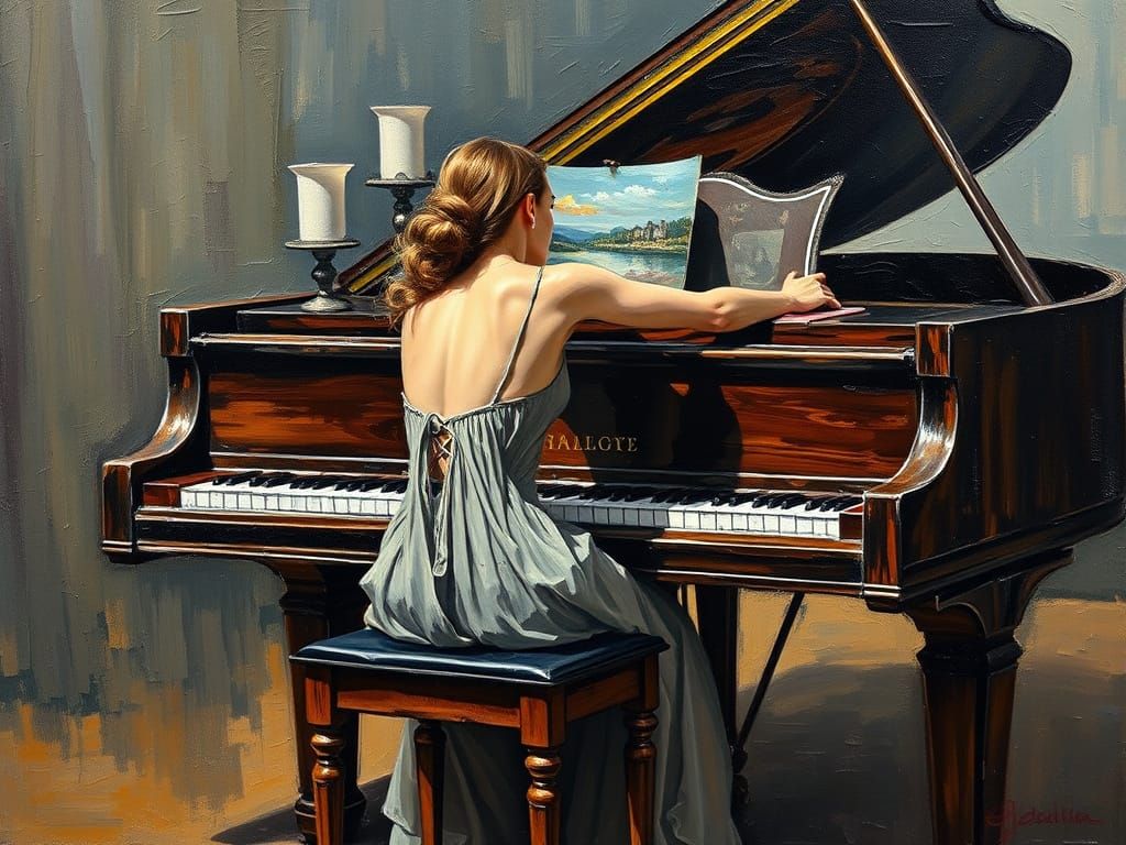 Forlorn Woman Rests Head on Grand Piano as Impasto Oil Paint...