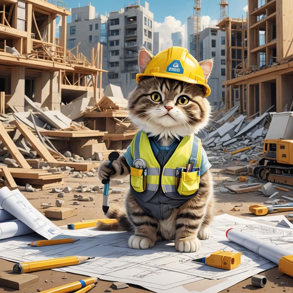 Cartoon Cat Civil Engineer Inspects Building Plans