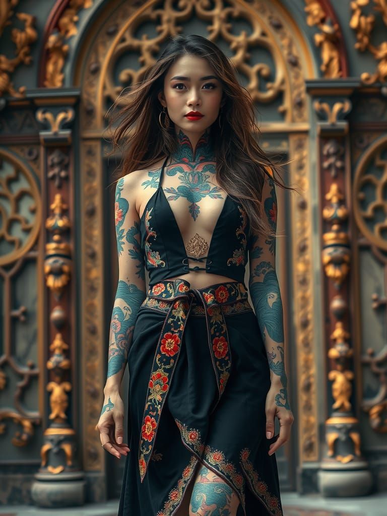 Rococo-Inspired Tattoo Art: Asian Woman Portrait