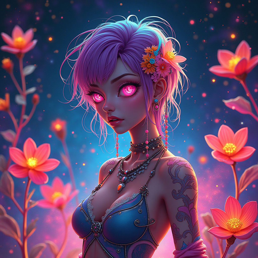 Vibrant Neon Woman in Celestial Anime Style