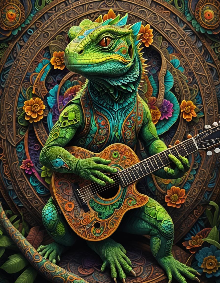 Neon-Eyed Lizard Plays Guitar with Psychedelic Mandalas
