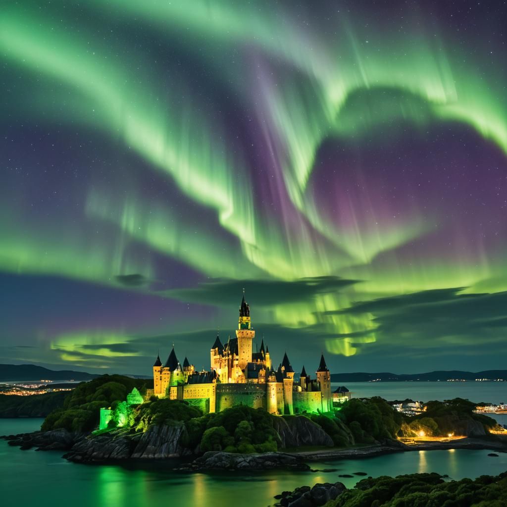 Fantasy Nightscape with Floating Castle and Aurora