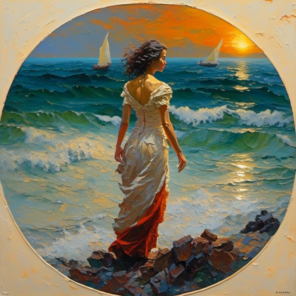 Seascape Sunset in Impasto Oil Painting Style