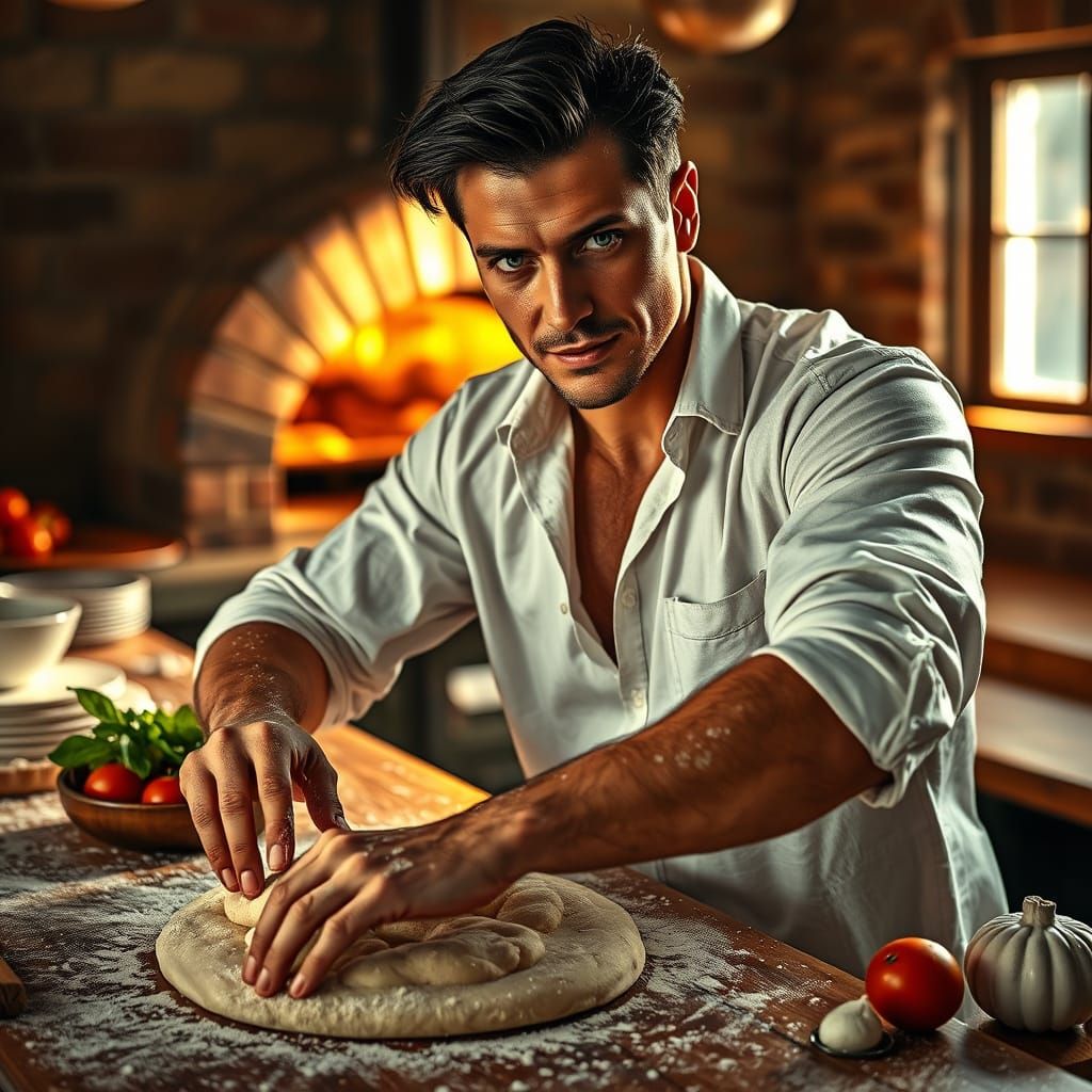 Brooding Italian Pizza Maker in Cinematic Lighting
