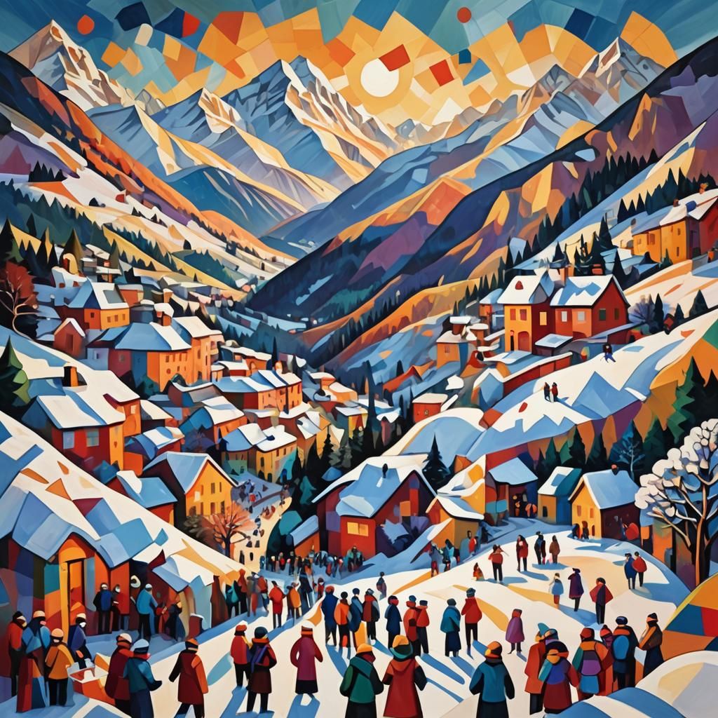 Cubist Mountain Holiday Celebration in Geometric Fauvism