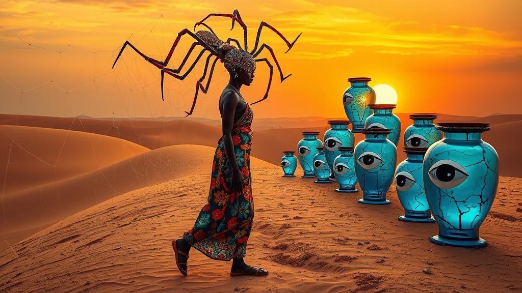 African Woman in Desert with Spiderwebs and Glass Sculptures