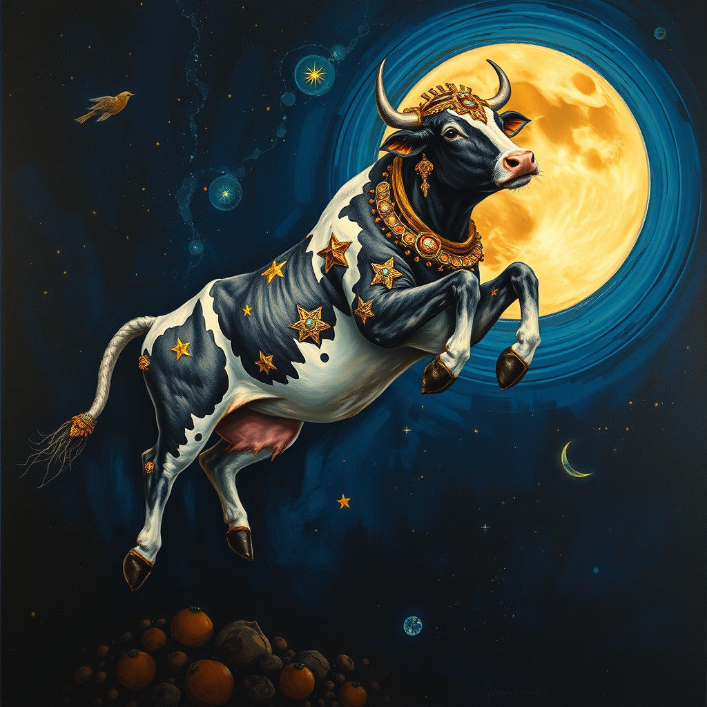 Celestial Cow Jumps Over Moon in Dreamlike Art