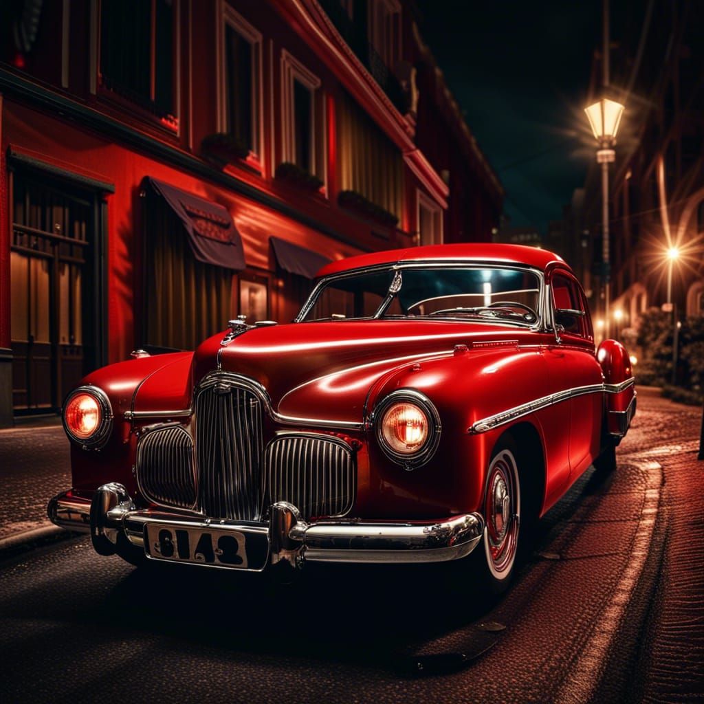 Classic Red Car on Moody Night Street