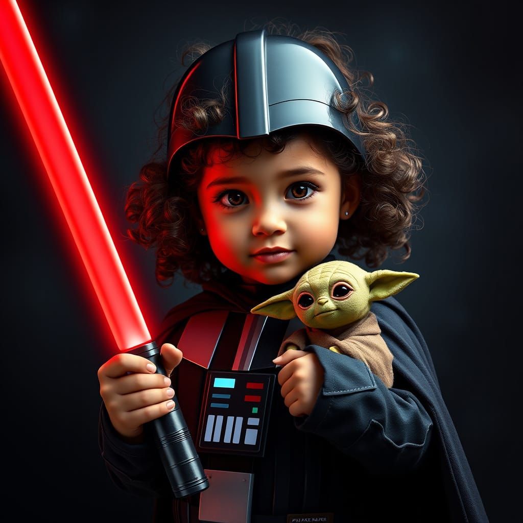 Girl in Darth Vader Costume Wields Red Light Saber and Baby ...