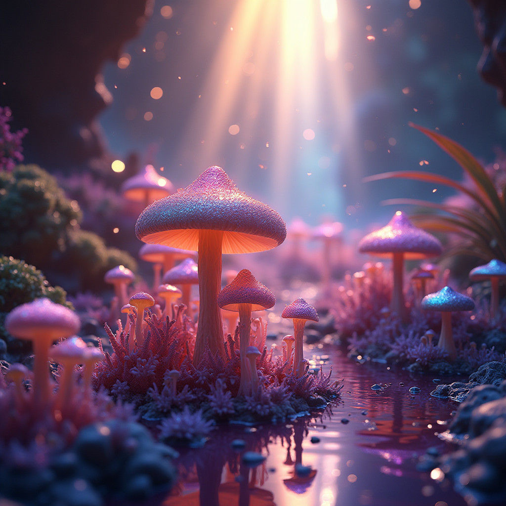 Ethereal Rainbow Mushrooms in Mystical Gem Cave