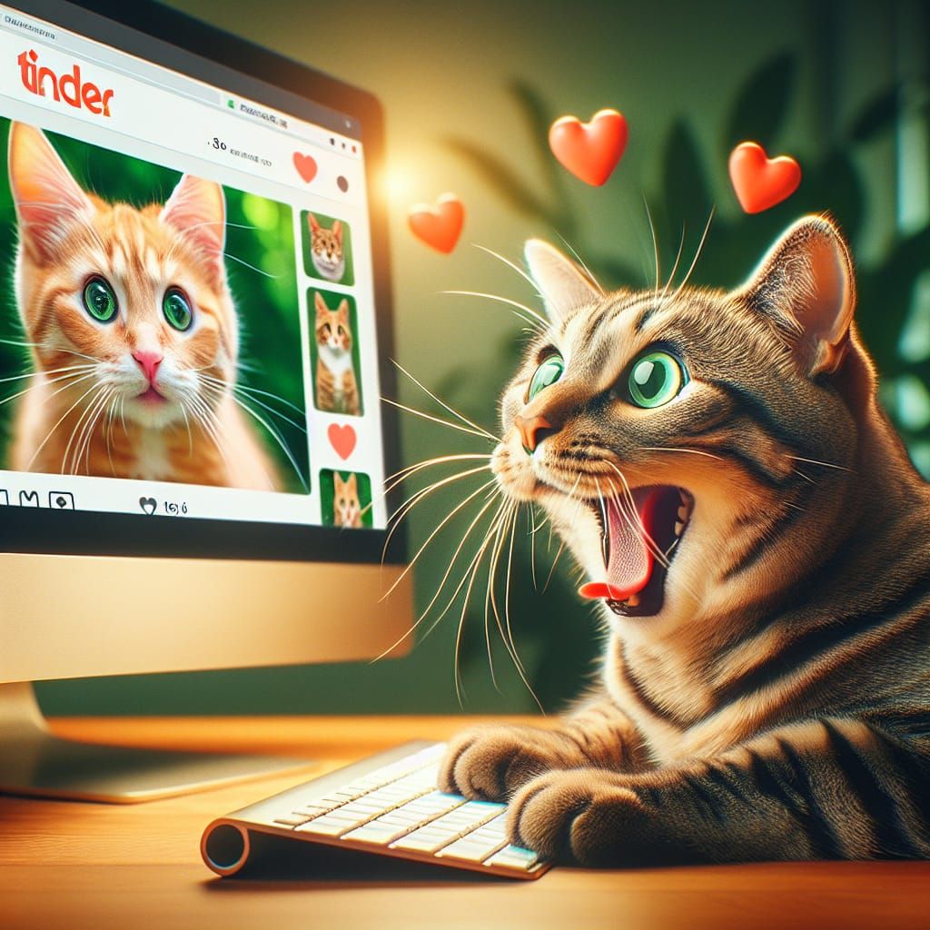 Delighted Tabby Cat Using Dating App