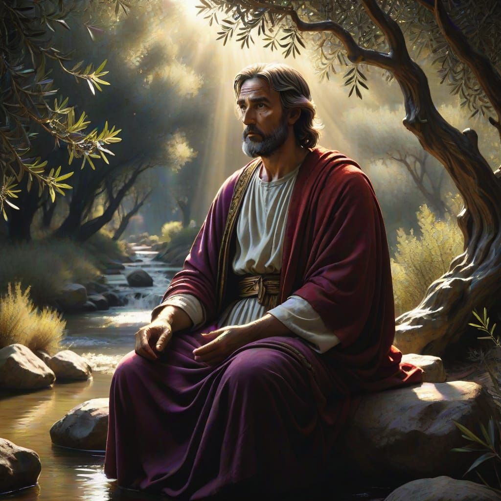 Man in Red Robe by Stream in Dark Forest