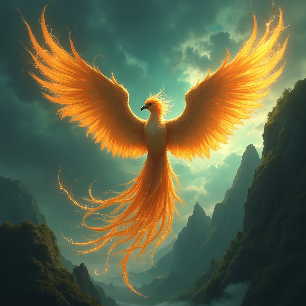 Golden Phoenix Soaring Through a Mystical Sky