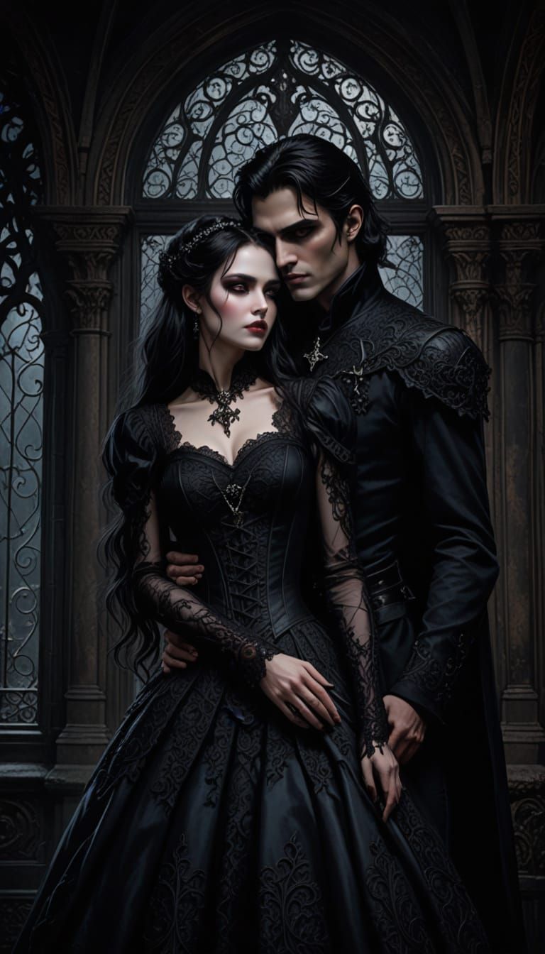 Surreal Vampire Couple Embracing in a Gothic Chamber