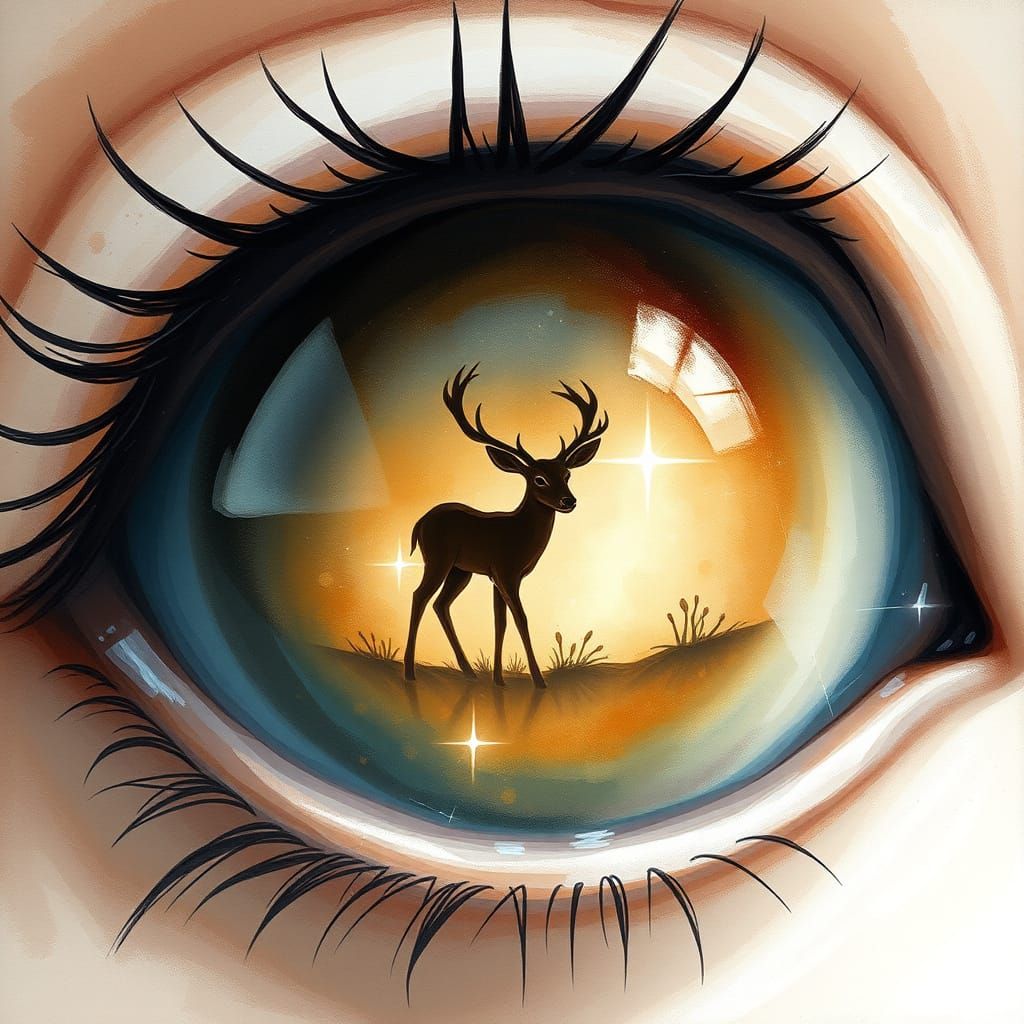 Deer Silhouette Reflected in Pupil: Watercolor Style