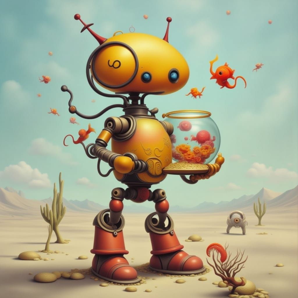 Cute Robot Holding a Fishbowl