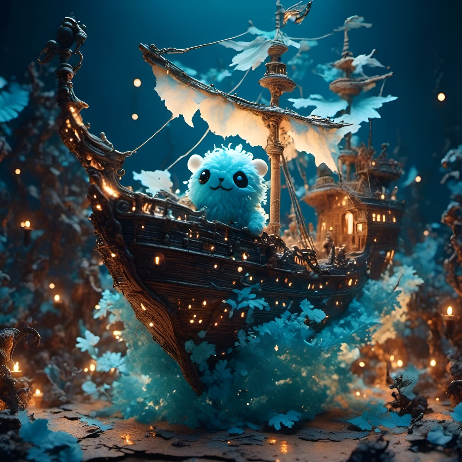 Pastel Sky Pirate Ship with Leaf Figure