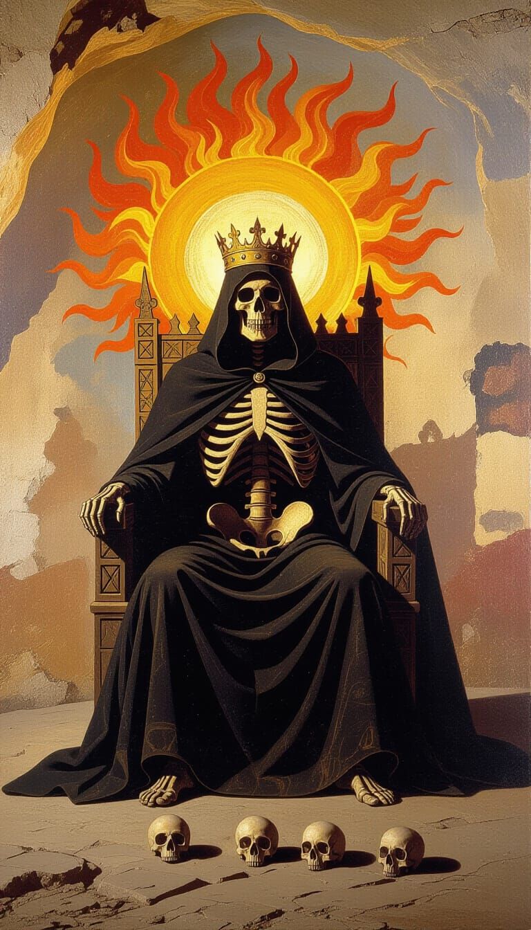 Lascaux Style Cave Painting of Fiery Enthroned Figure