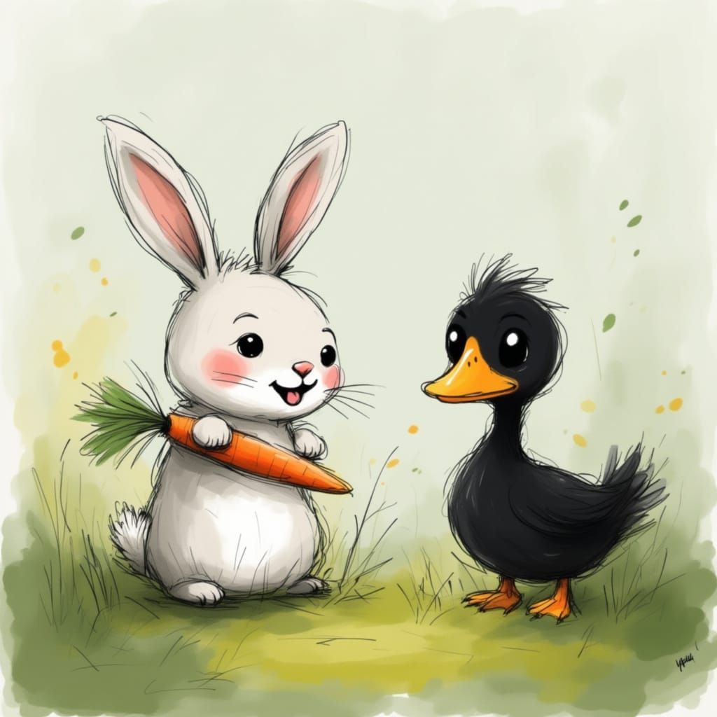 Happy Rabbit and Feisty Duck in Grass - Cartoony Style