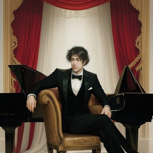Elegant Pianist in a Romanticized Concert Hall
