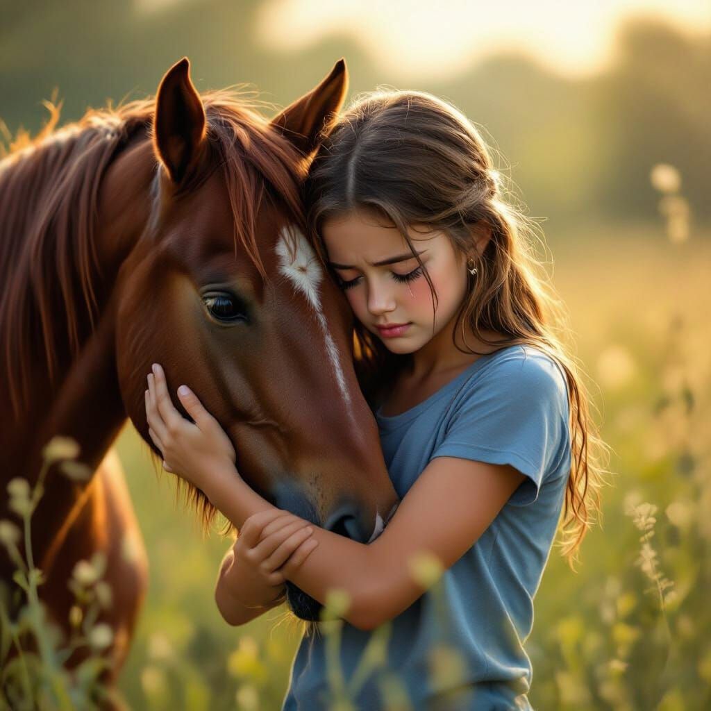 Teen Girl Cries Hugging Horse in Sunlit Meadow