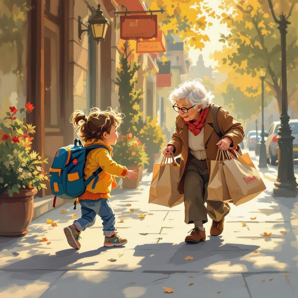 Child's Kindness: Helping An Elderly Person on a Sunny Day