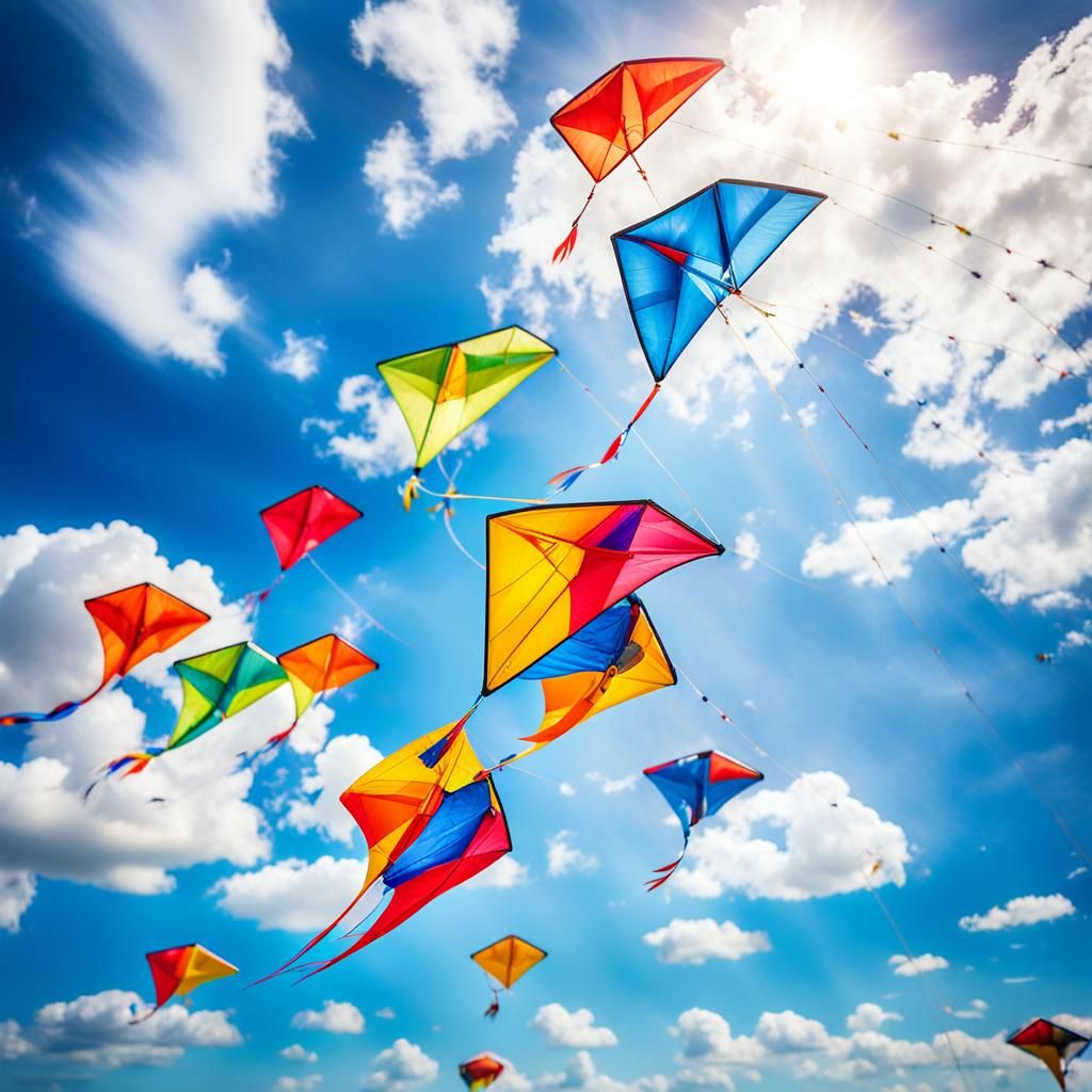 Vibrant Kites Soaring in a Bright Blue Sky