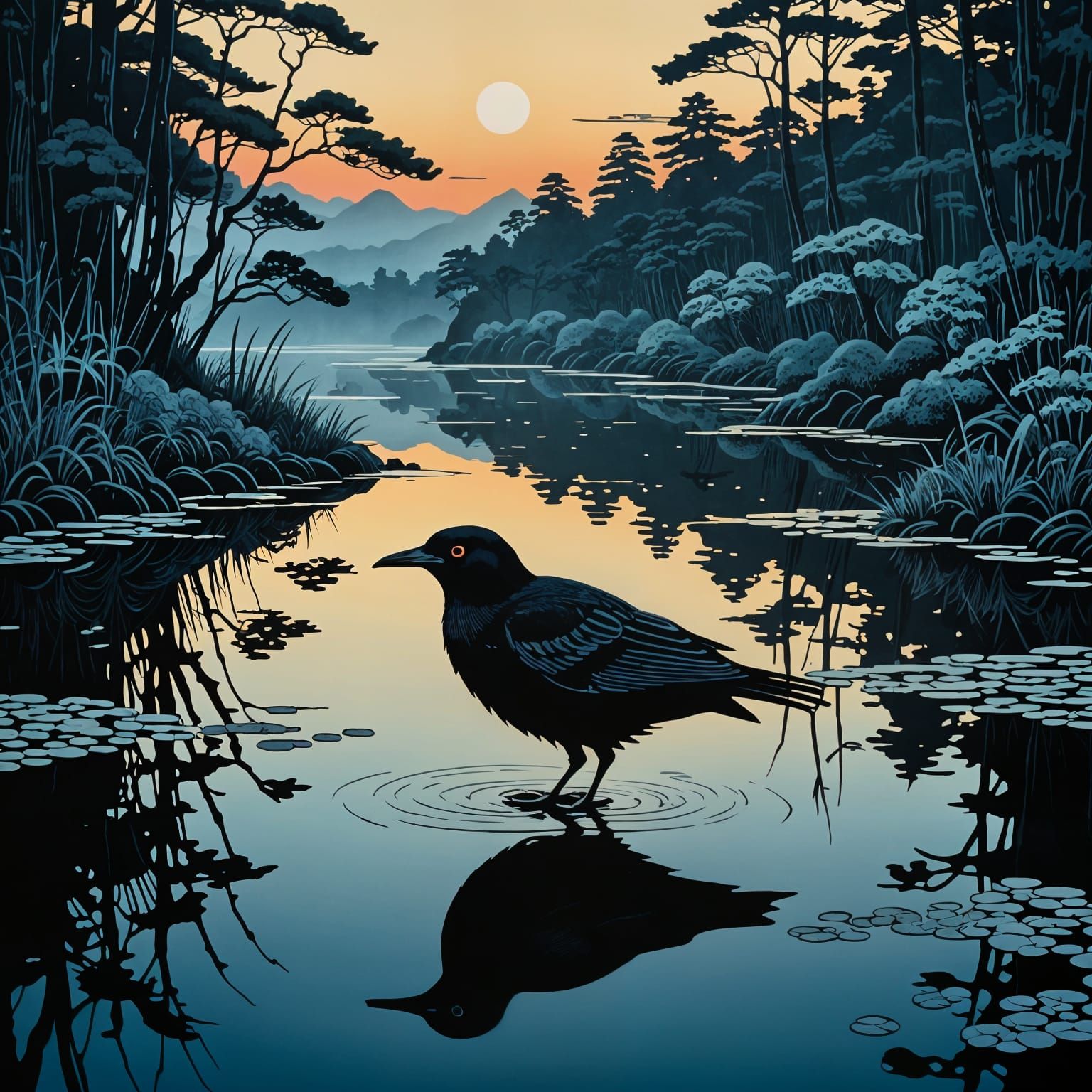 Mysterious Black Bird in Shallow Pool, Linocut Style