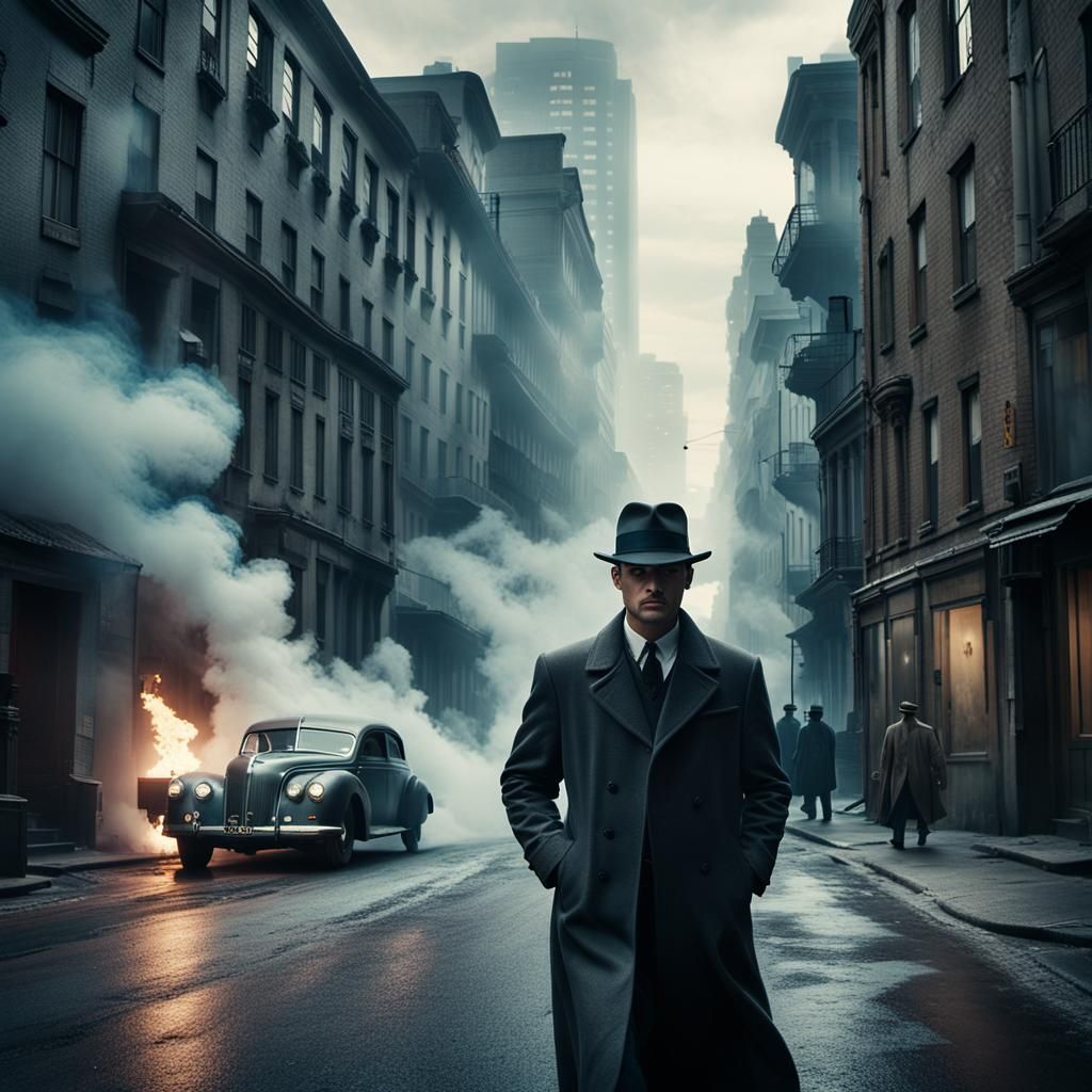 1930s Detective in Smoky, Distorted Cityscape